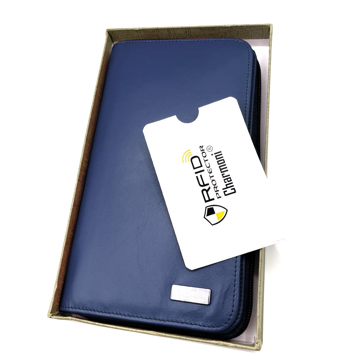 Charmoni - Porte chéquier Talon en Haut - Portefeuille Blocage Anti RFID - Porte Carte Monnaie - Tout en Un - Cuir Vachette - Femme Homme (Bleu)