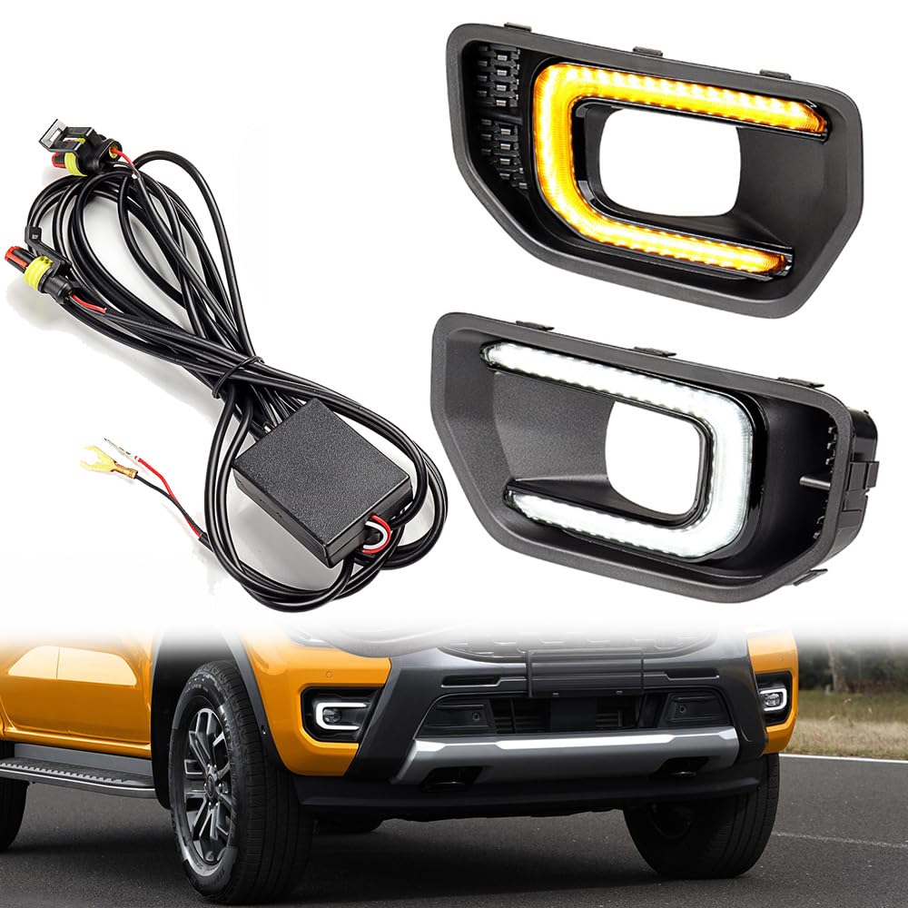 Compatible with 2022 2023 Ford Ranger 2X Amber/White LED DRL Daytime Running Light w/Turn Signal Flashing IP 67 + Wiring Harness Relay