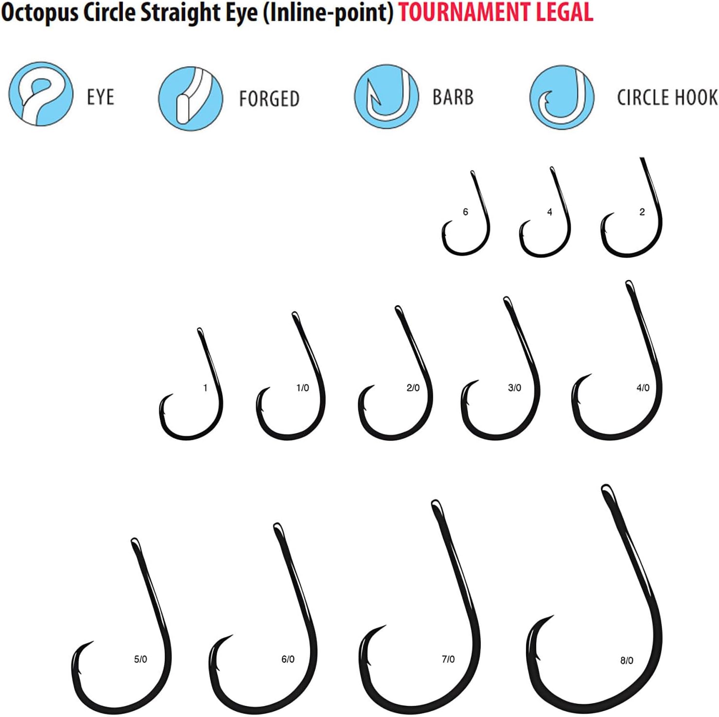 Octopus Circle Hooks, Straight Eye, Inline Point, Size 6, Ns Black, 25-Pack