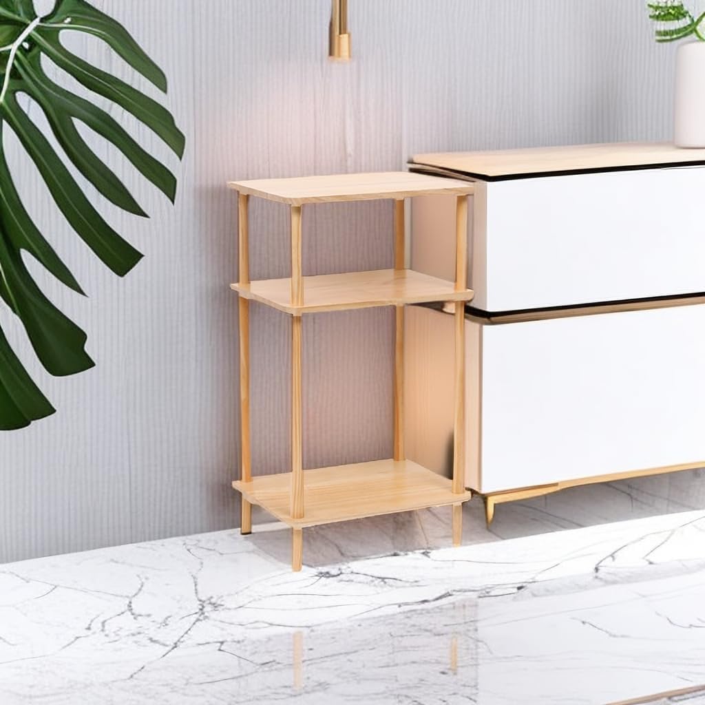 3 Tier End Table Night Stand, Solid Wood Edge Table Narrow Side Table Bookcase Bookshelf Simple Bedside Table Storage Rack for Bedroom Living Room Bathroom,Natural Wood End Table with Storage Shelves