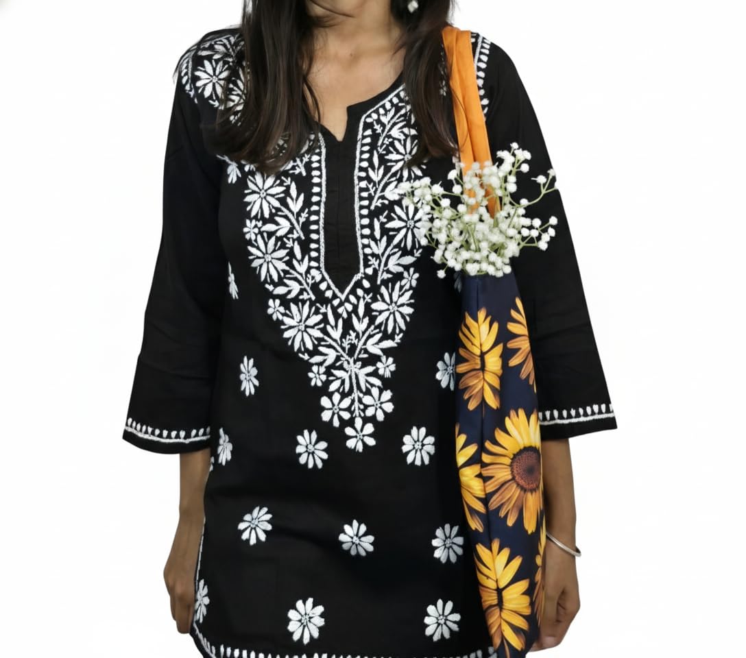 Short Kurti for Women Latest | Lucknowi Hand Embroidered Chikankari Cotton Short Kurta Kurti Tunic Top | Jeans Top for Woman | The Kashi House-picture-42
