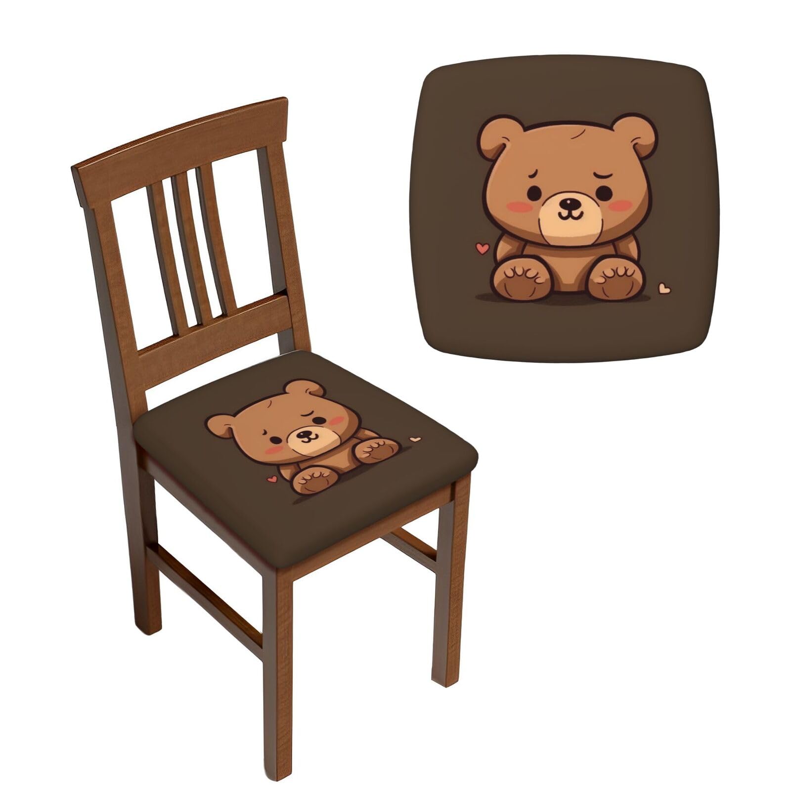 NONHAI 6PCS Dining Chair Seat Covers Set Cartoon Brown Cute Bear Stretch Removable Chairs Covers Washable Seat Cushion Slipcovers Protector for Dining Room Kitchen Chairs