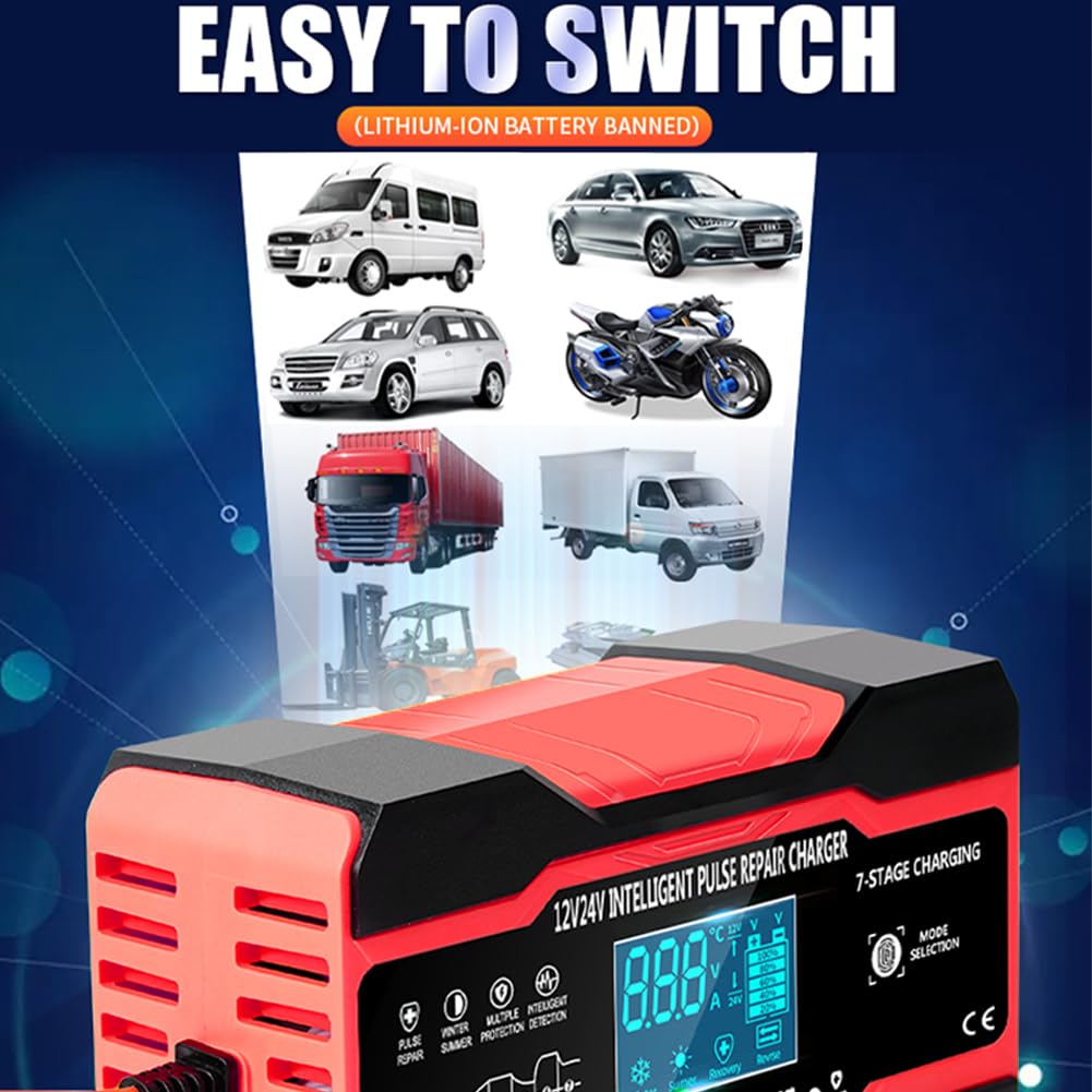 10A Autobatterie Ladegerät, 12V/24V Smart vollautomatische Batterie Ladegerät mit 7-Stufiger Ladung und LCD-Bildschirm Batterie Ladegerät, geeignet für AGM, Wet und Gel-Blei-Säure-Batterien