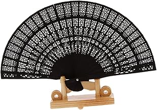 Hoement Leque de mão de madeira chinesa com painel de casamentos para casamento de madeira preta branca dobrável fãs de organza chinesa sândalo bolsa vintage chuveiro leque de dança mão bebê aniversário japonês leque dobrável