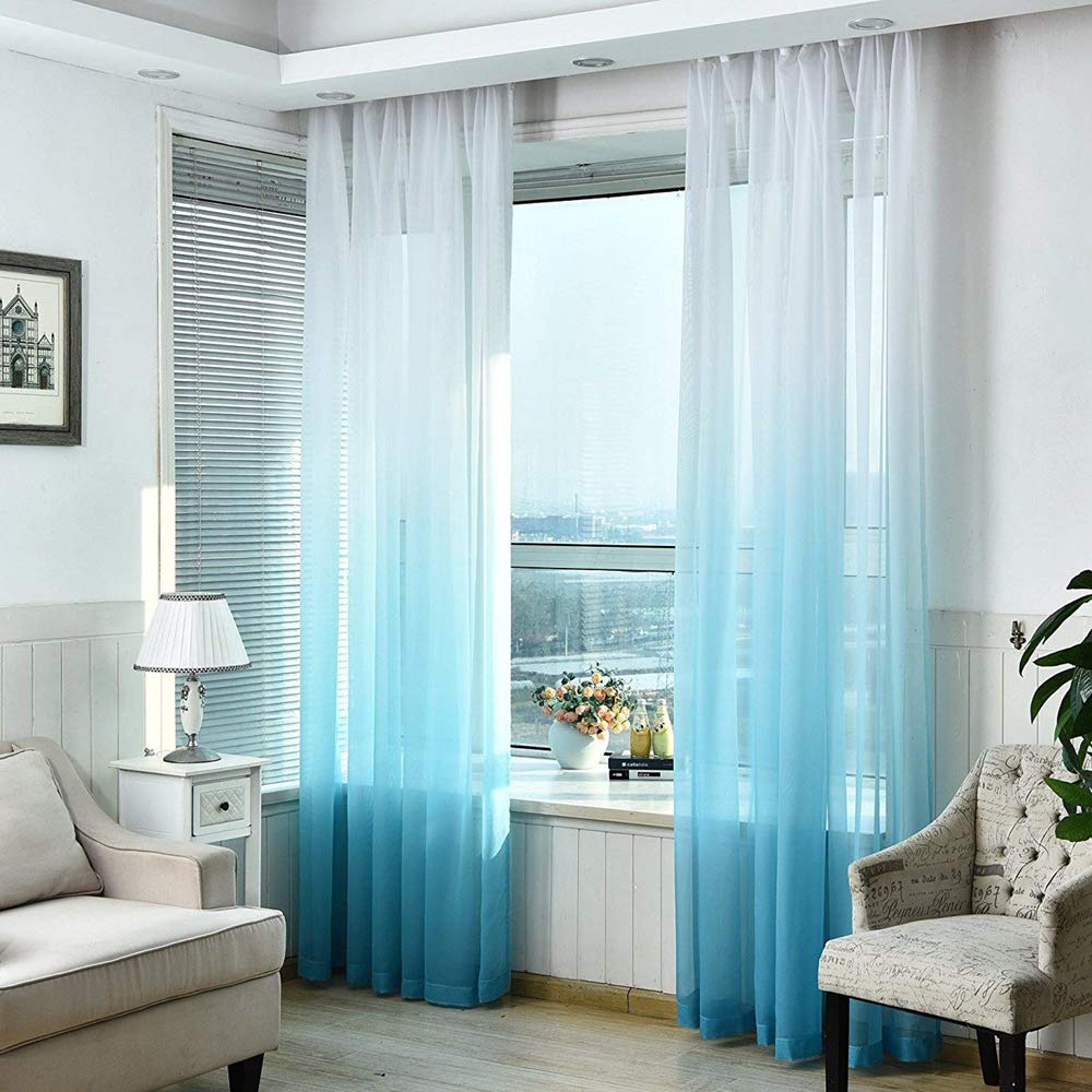 Eyelet Voile Sheer Curtains, Gradient Grommet Top for Bedroom and Living Room,Blue,52Wx84L inch
