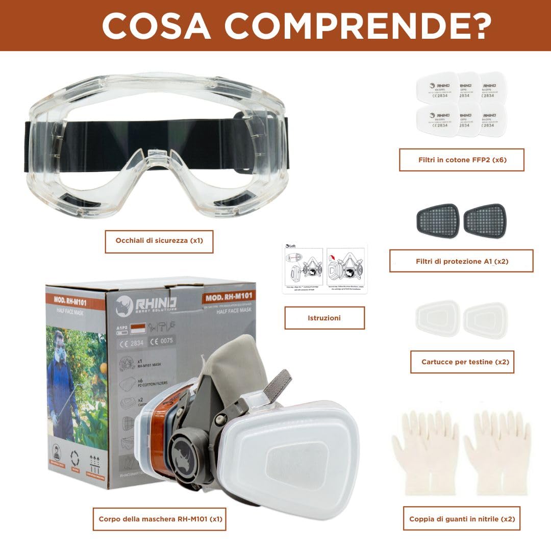 RHINO Smart Solutions Maschera Antigas A1 con Filtri, Occhiali, Guanti di Sicurezza | Maschera Antipolvere, Verniciatura, Spruzzo, Lavoro Protettiva, Resina Epossidica con Carboni Attivi