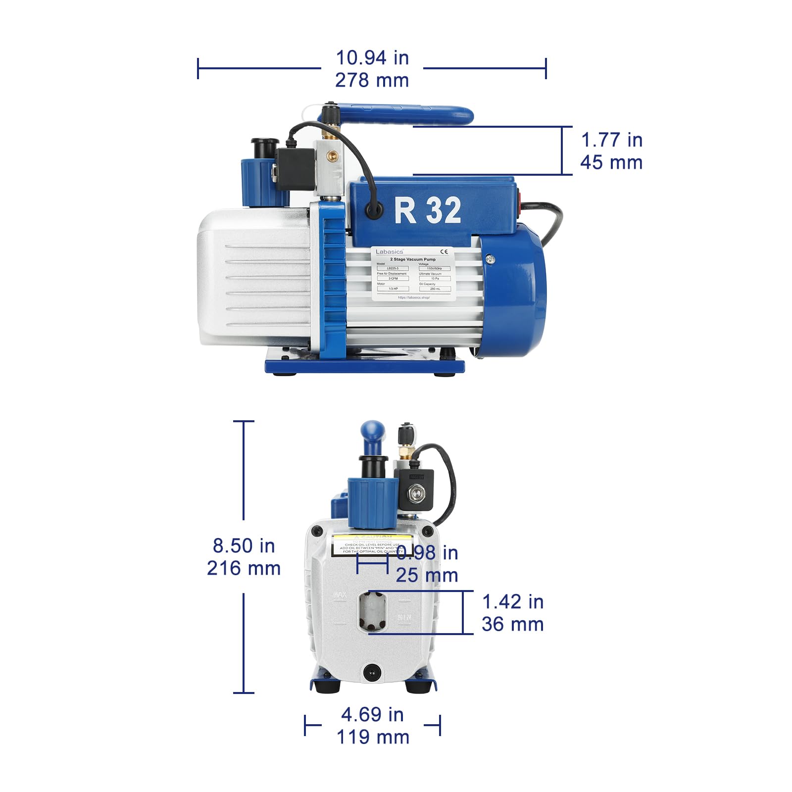 Labasics Pompe à Vide Bistade à Palette Rotative avec Fonction Antidéflagrante R32, Vide Ultime 10-15 Pa, 220 V, Débit 2,5 CFM, 70 L/Min, pour Expériences et Maintenance d’Instruments de Laboratoire