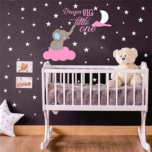 Calcomanía de pared Dream Big Little One Elefante, calcomanías de pared con cita de luna y estrellas, decoración de pared de habitación de bebé,