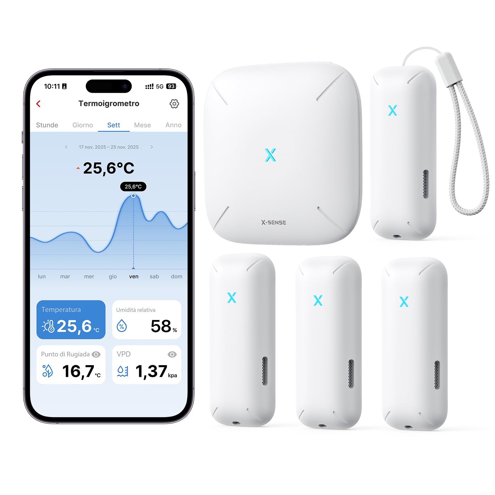 X-Sense Termometro Igrometro WiFi Interno, Monitor di Temperatura e Umidità Intelligente con Soglie Personalizzabili e Avvisi App, Storico Dati, Kit con Stazione Base e 4 Termoigrometri, STH0B41 | Monitoraggio di temperatura e umidità, Stazione base inclu