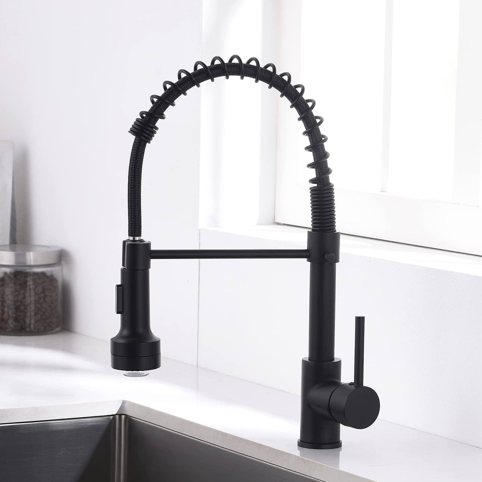 AIMADI Küchenarmatur Ausziehbar LED Wasserhahn Küche, 2 Wege Spüle (Strahl & Spray), 360° Drehbar, Einhebelmischer für Spülbecken, Schwarz Matt