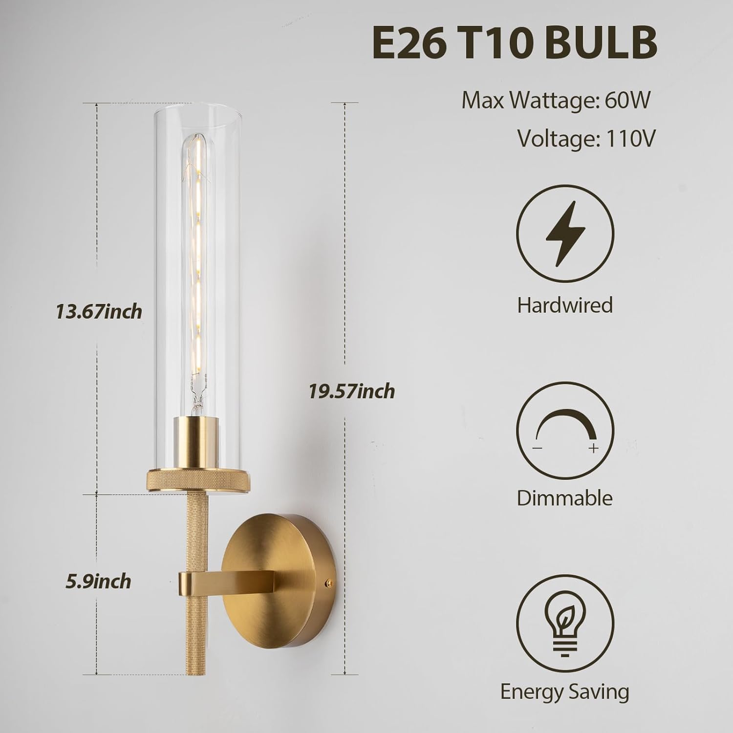 19.5" Knurled Gold Hardwired Wall Sconces Set of 2, Bathroom Vanity Light Fixtures with Clear Glass Tube, Modern Lamp Lighting for Bedroom, Living Room, Hallway, Staircase, Mirror, Kitchen