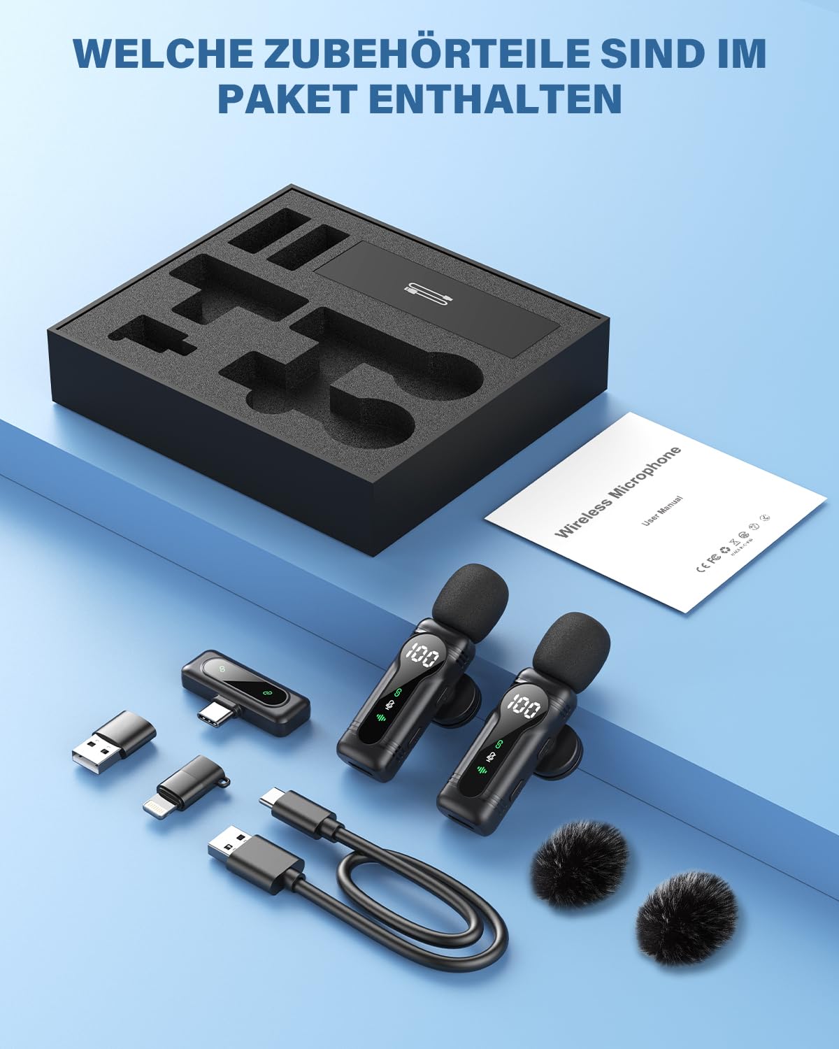 Kabelloses Lavalier-Mikrofon für iPhone, iPad, Android-Geräte - Mini Clip-On Mikrofon mit Geräuschunterdrückung, Auto-Pairing, Stummschaltung und Reverb, ideal für Vlogging, Videoaufnahmen, TK