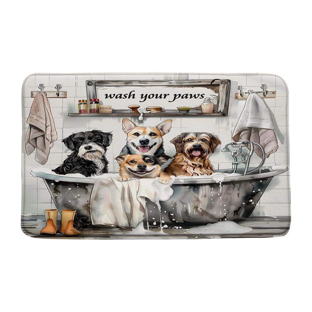 UOZXOML Funny Dogs Bath Mat Farmhouse Cute Animal in Bathtub Bathing Bubble Rustic Country Wooden Plank Pet Lover Bathroom Rug Microfiber Memory Foam
