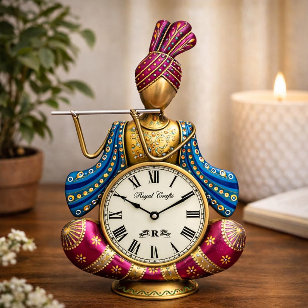 Handpainted Metal Musician Table Clock with Flute Design | Multicolour Decorative Desk Clock with Roman Numerals | Vintage Artistic Home Décor Showpiece-image-30