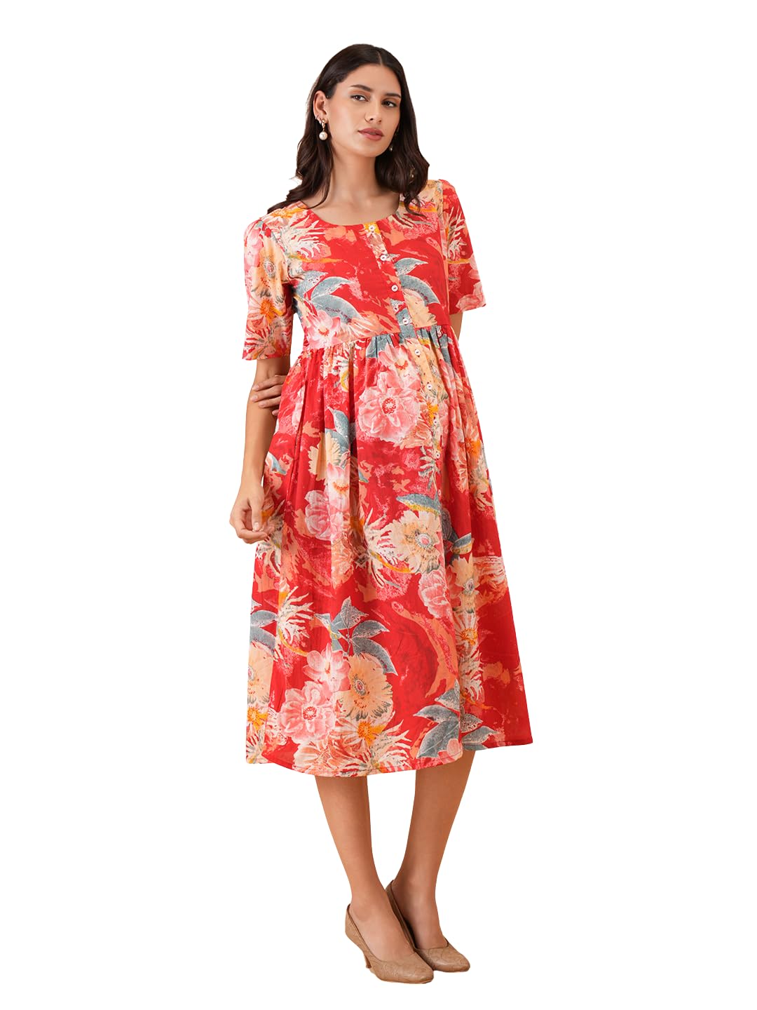 the mom store Printed Maternity & Nursing Dress for Women | Cotton | Feeding Dress | A-Line Flared Midi Dress | Pregnancy & Postpartum Wear | Stylish Causal Wear Dress for New Mom-picture-38
