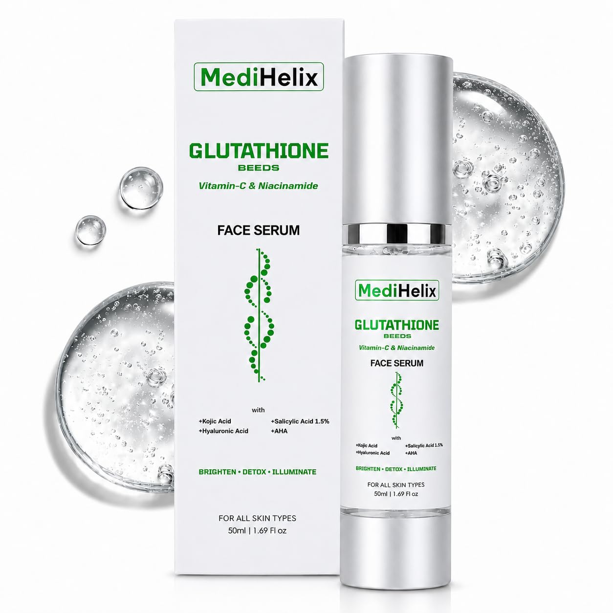 glutathione and salicylic acid together MediHelix Brightening Face Serum for Pigmentation, Acne Dark Spots (50ml) for All Skin Types LRL1086