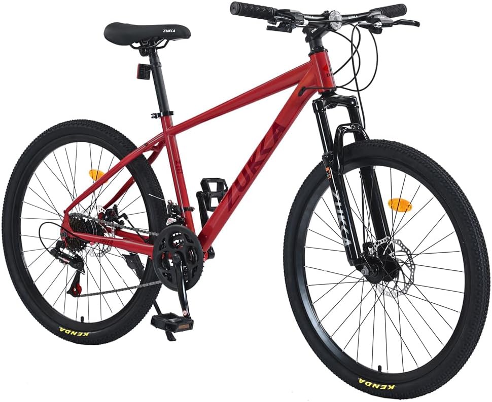 26 inch Wheel Mountain Bike Front Suspension Fork, 24 Speed Mountain Bicycle with Double Disc Brakes and Steel Frame, MTB Bicycle for Adult Men and Women, Red