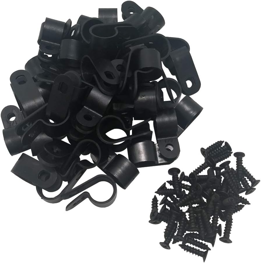 Cable Clamp R-Type Cable Clip Wire Clamp 1/2" Nylon Screw Mounting Cord Fastener Clips with Screws for Wire Management - 50 Pcs Cable Clamps + 50 Pcs Screws
