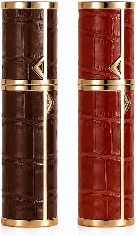 Frascos atomizadores recarregáveis para perfume DIOHIO, 5 mL, com estojo de couro, Crocodile-Red-Brown, pacote com 2