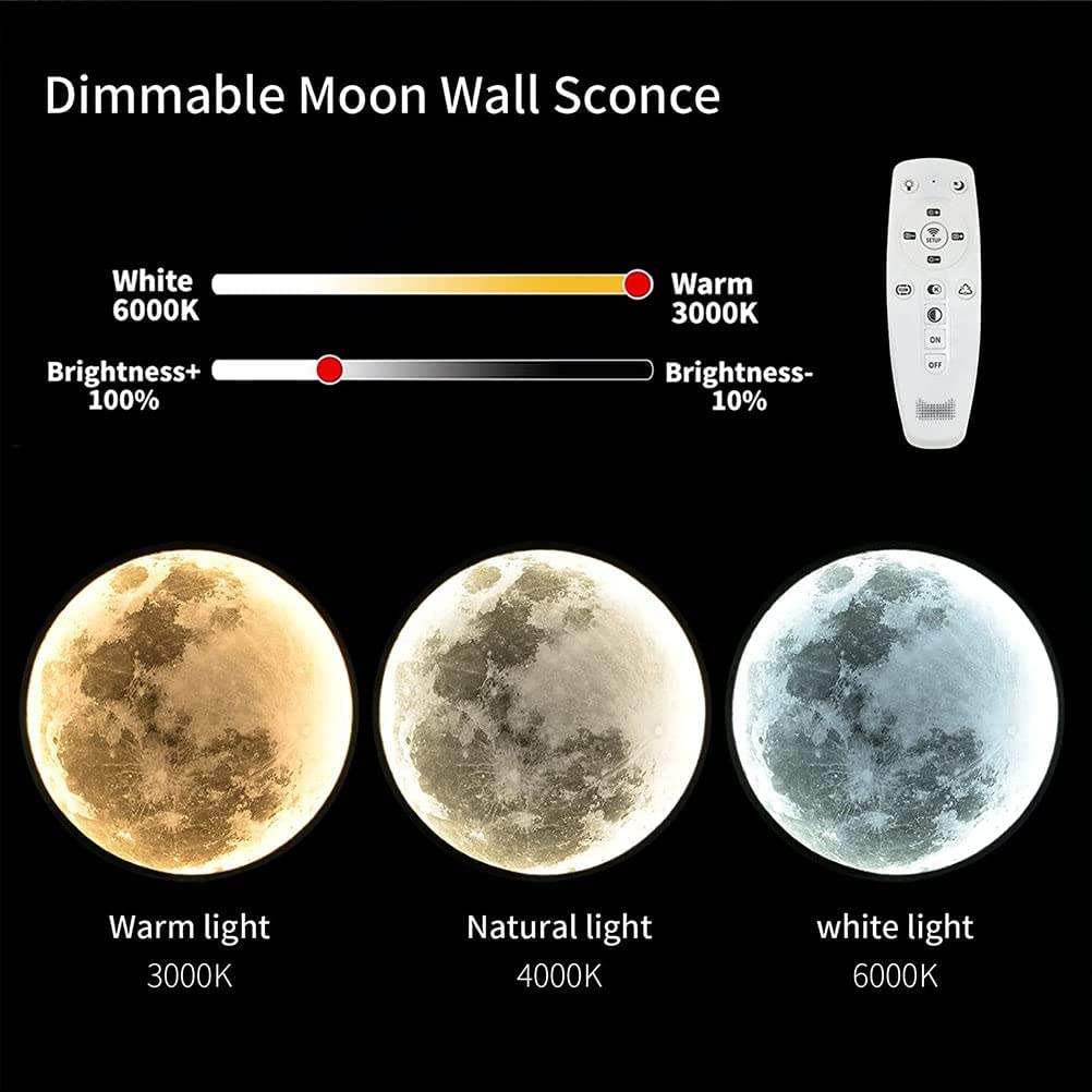 Lampa ścienna LED księżyc ściemniana za pomocą pilota Kinkiet z wtyczką i włącznikiem kablowym tryb światła nocnego Księżycowa lampka nocna dla dzieci Nowoczesne oświetlenie ścienne Wewnątrz okrągłe,80cm