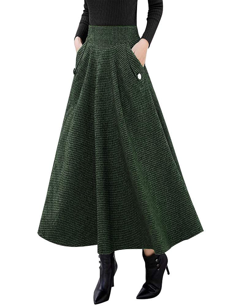 IDEALSANXUN Women’s Fall Winter High Waisted Wool Plaid A-line Long Skirt