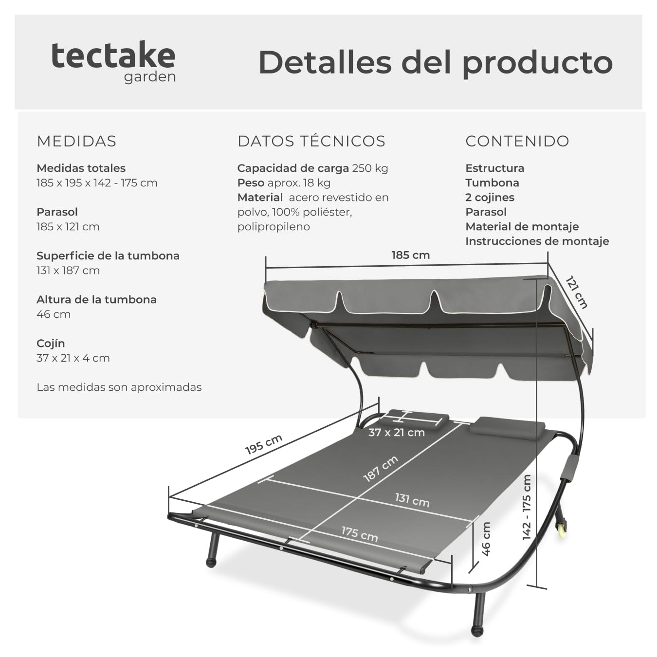 tectake® Tumbona Doble de Jardín, Tumbona de Playa con Parasol Plegable, Tumbonas de Piscina para Dos, para Jardín Exterior con 2 Ruedas y Cojines, Fácil Montaje, Interior y Exterior - Negro/Gris