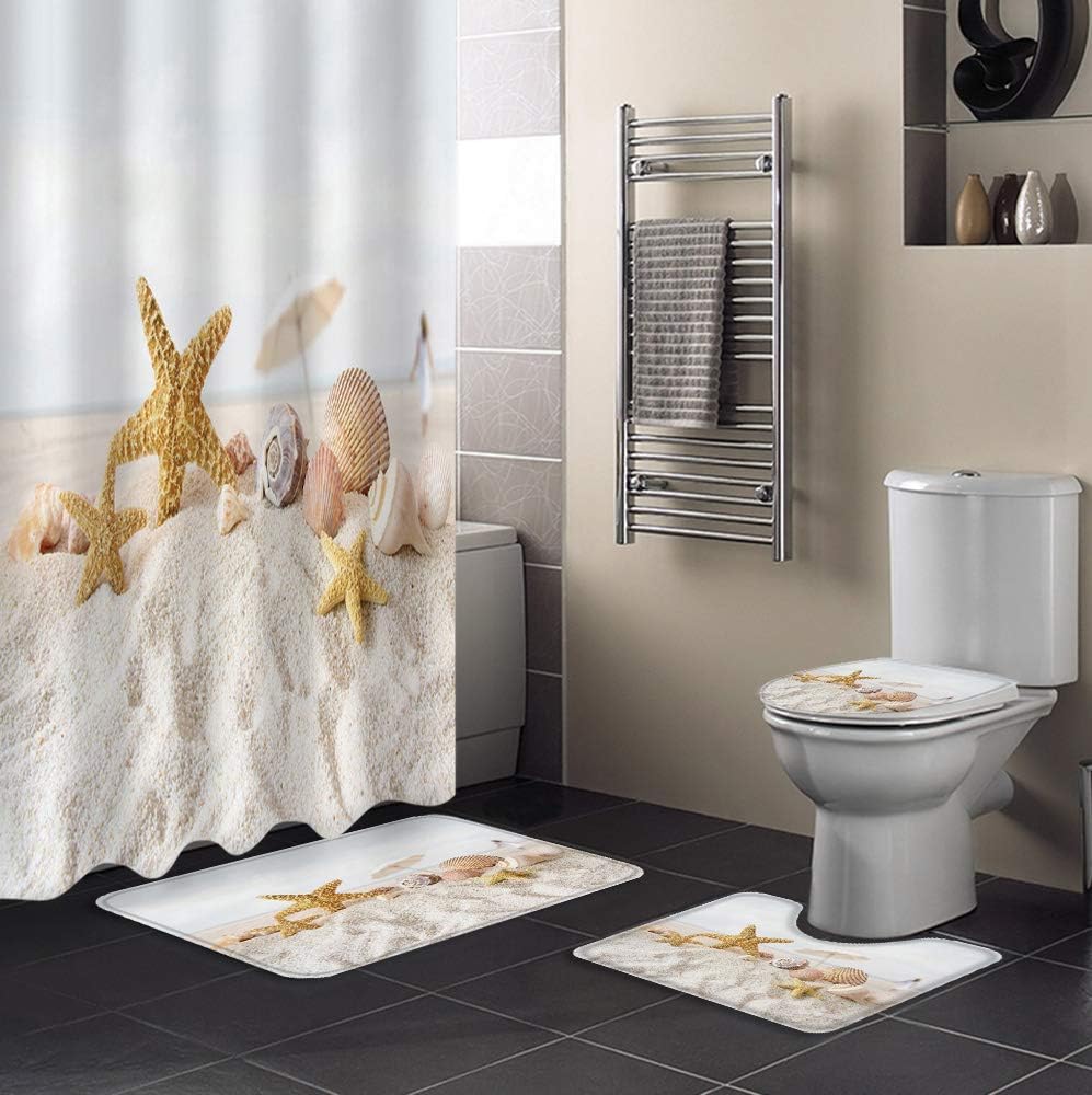 KASTWAVE Summer Beach Scenery Shower Curtain Set, 4-Piece Ocean Bathroom Decor with Starfish, Seashells, and Sand Scene, Non-Slip Rug, Toilet Lid Cover, Waterproof Curtain, 12 Hooks Included