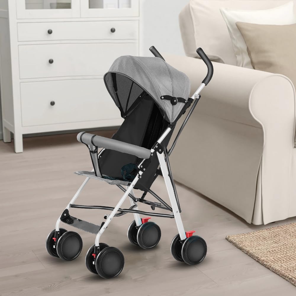 OHMG Poussette Compacte 0-6 Ans, Landau 4 Roues, avec Parasol et Moustiquaire, Coussin en Coton, Roues Verrouillables (Gris)