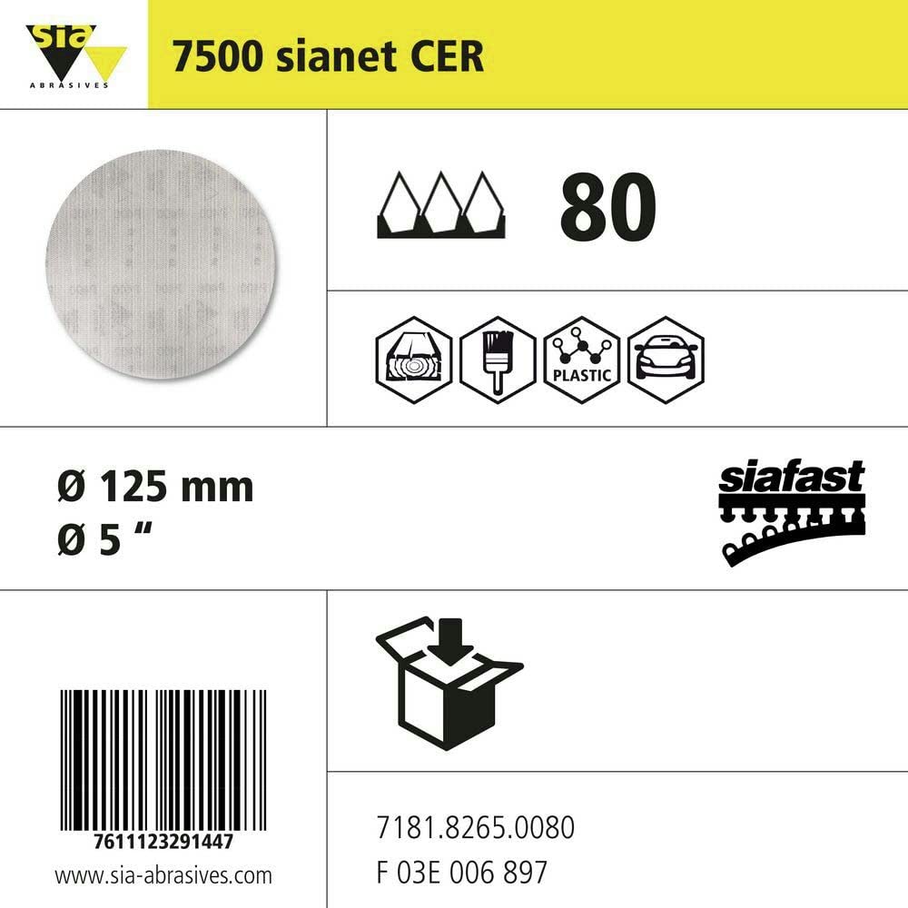 sia Abrasives 7181.8265.0080 Serie 7500 sianet Keramikscheiben-Papier, Körnung 80, Durchmesser 125 mm, 50 Stück