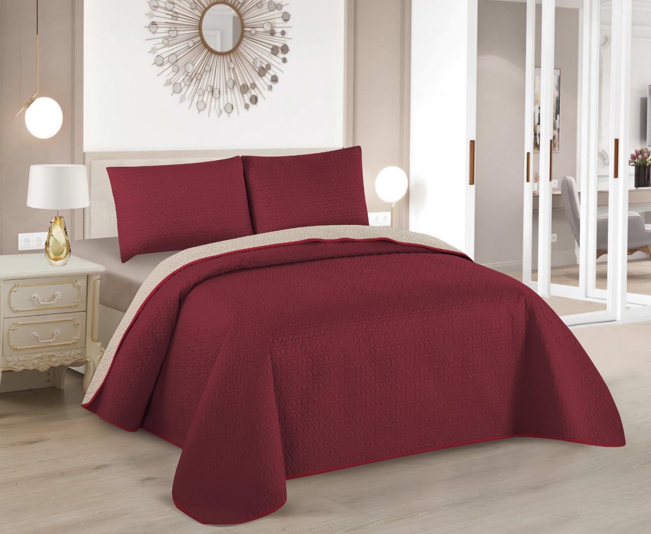 FUKURO. Colcha Boutis para Primavera y Verano + Funda Almohada 50x70 cm - Cubrecama Ligera Fina Entretiempo Extra Suave y Transpirable. (Onda - Roja, Cama 90 /180x260cm + 1 Funda 50x70cm)