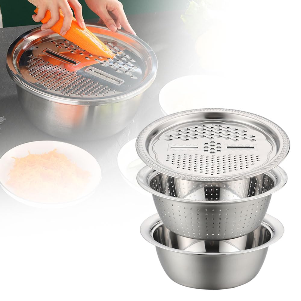 Multifunctional Stainless Steel Basin with Vegetable Cutter 3-in-1 Grater Strainer Colander for Rinsing Draining Mixing Meal Prep Stainless Steel