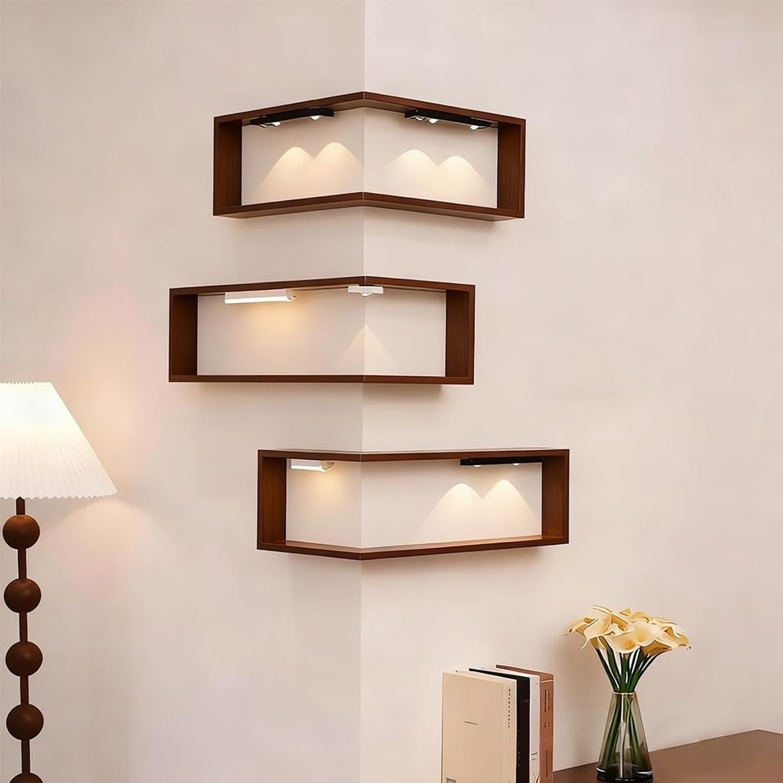 Smart Corner Shelves That Light Up Your Space, Set of 3 Corner Floating Storage Shelves,Wooden Wall-Mounted Corner Shelf Display Rack, Modern Wall-Mounted Display Rack Stand (LED Light Not Included)