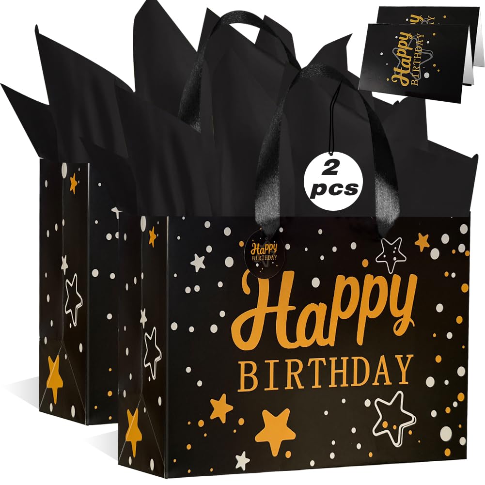 Gift Bag, 2 PCS Medium Gift Bag Happy Birthday Gift Bags for Presents with 6 Tissue Paper and 2 Greeting Card for Women Men Kids Birthday (Black Starry Sky)