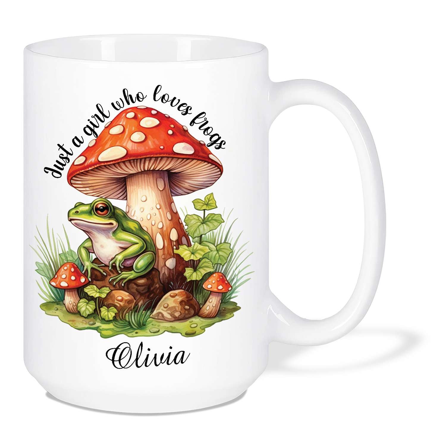 Frog Lover's Gift For Girl, Customized Frog Under Big Mushroom Tea Cups, Personalized Name Just A Girl Who Loves Frogs White Mugs, Frog Present For Natural Lovers, Animal Travel Mugs