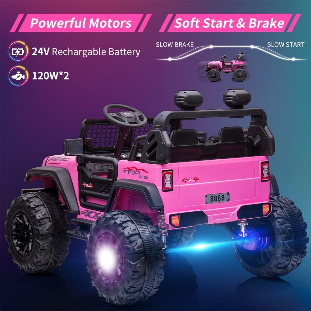 24V 2 Seaters Kids Ride On Truck with Remote Control, 20“ Large Seat + 15.5" Large Wheels, Electric Vehicle Car with LED Light, Storage Space, Bottle Holder,Music, Horn,USB for 3-8 Years (Pink)