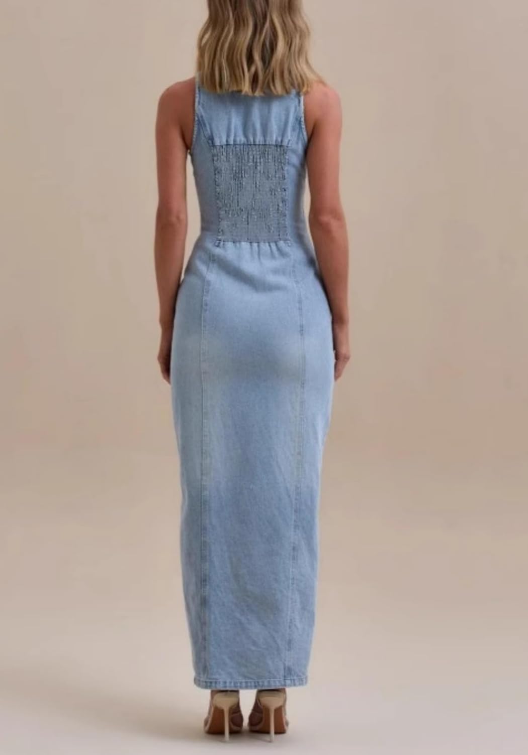 Unybwonn Women's Casual Button Down Maxi Denim Dresses Sexy Bodycon Sleeveless V Neck A-Line Long Jean Skirt Dress - Image 4