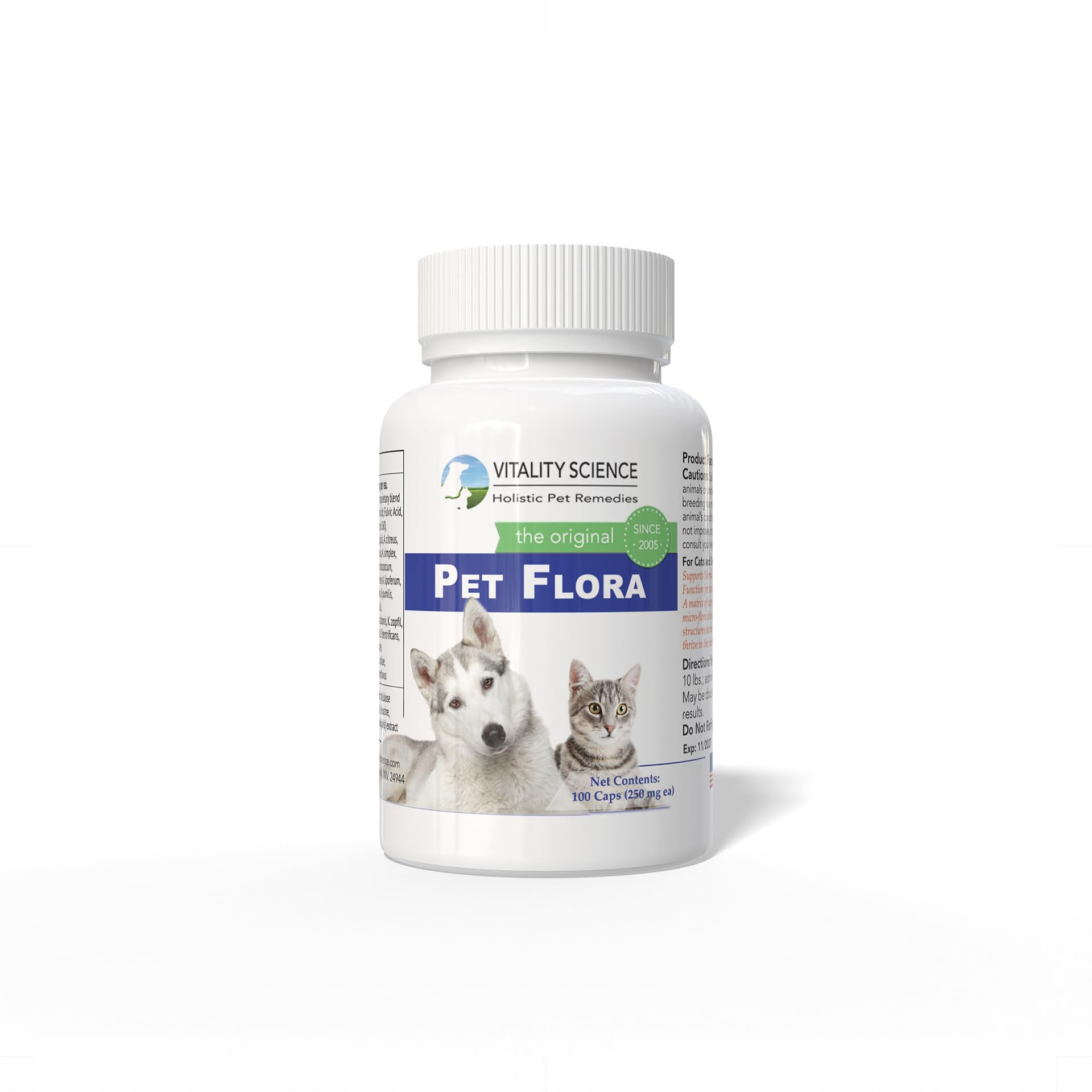 Vitality Science Pet Probiotic for Cats & Dogs | Pet Flora - Great for Diarrhea, Vomiting, Gas, Skin Conditions - Additive Free (100 Caps)