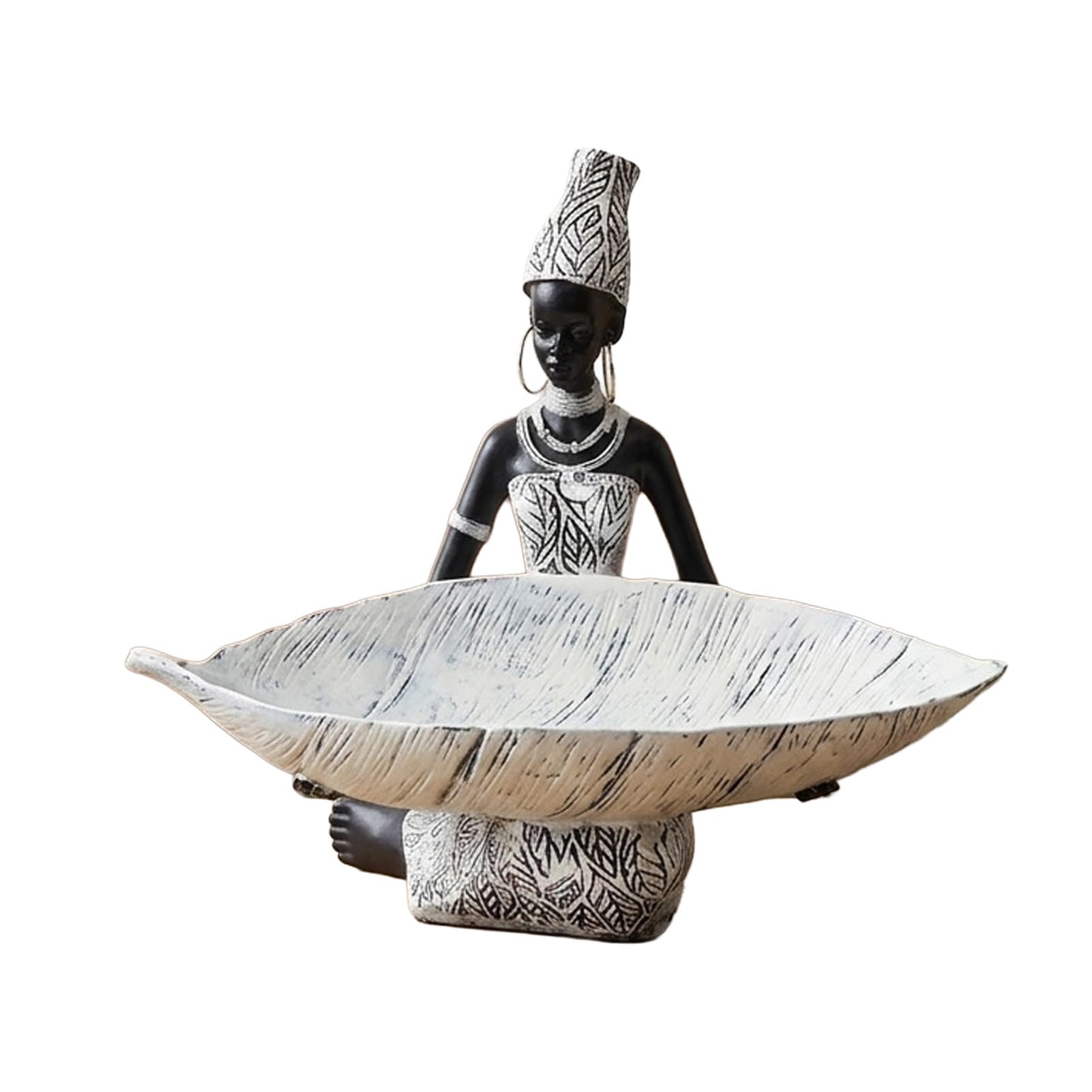 Glifora African Woman Holding Leaf Bowl - Resin Statue Tribal Kneeling Figurine Jewelry Tray, Desktop Decorative Snack Holder for Home Shelf Decor
