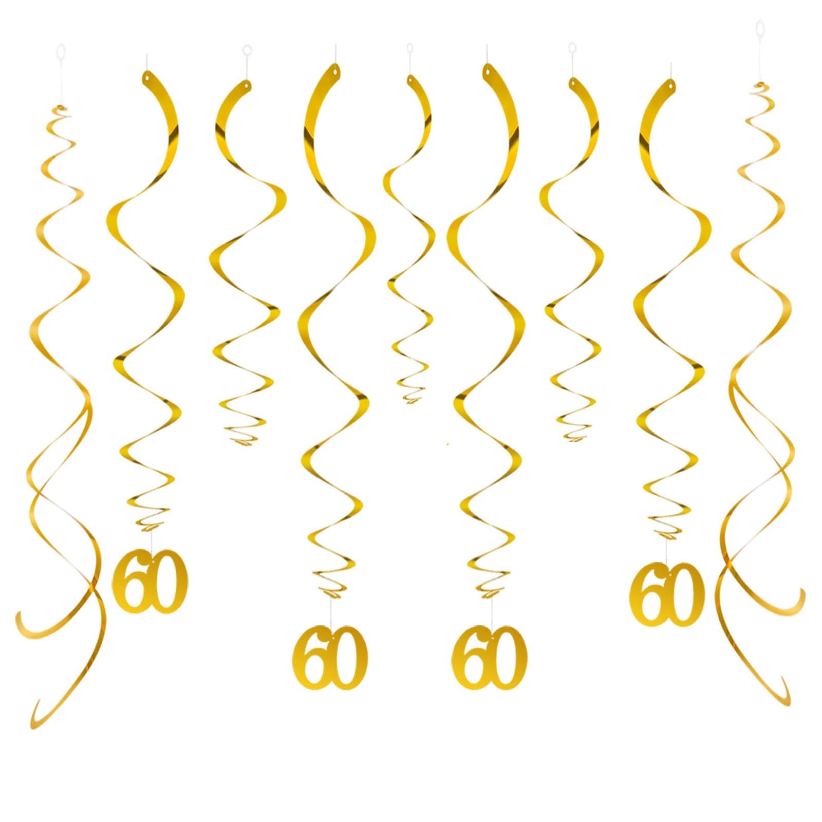 GAKA FAVOR Gold 60th Hanging Swirl Birthday Decorations,Gold 60 Anniversary Plastic Swirl （Pack of 20Pcs）