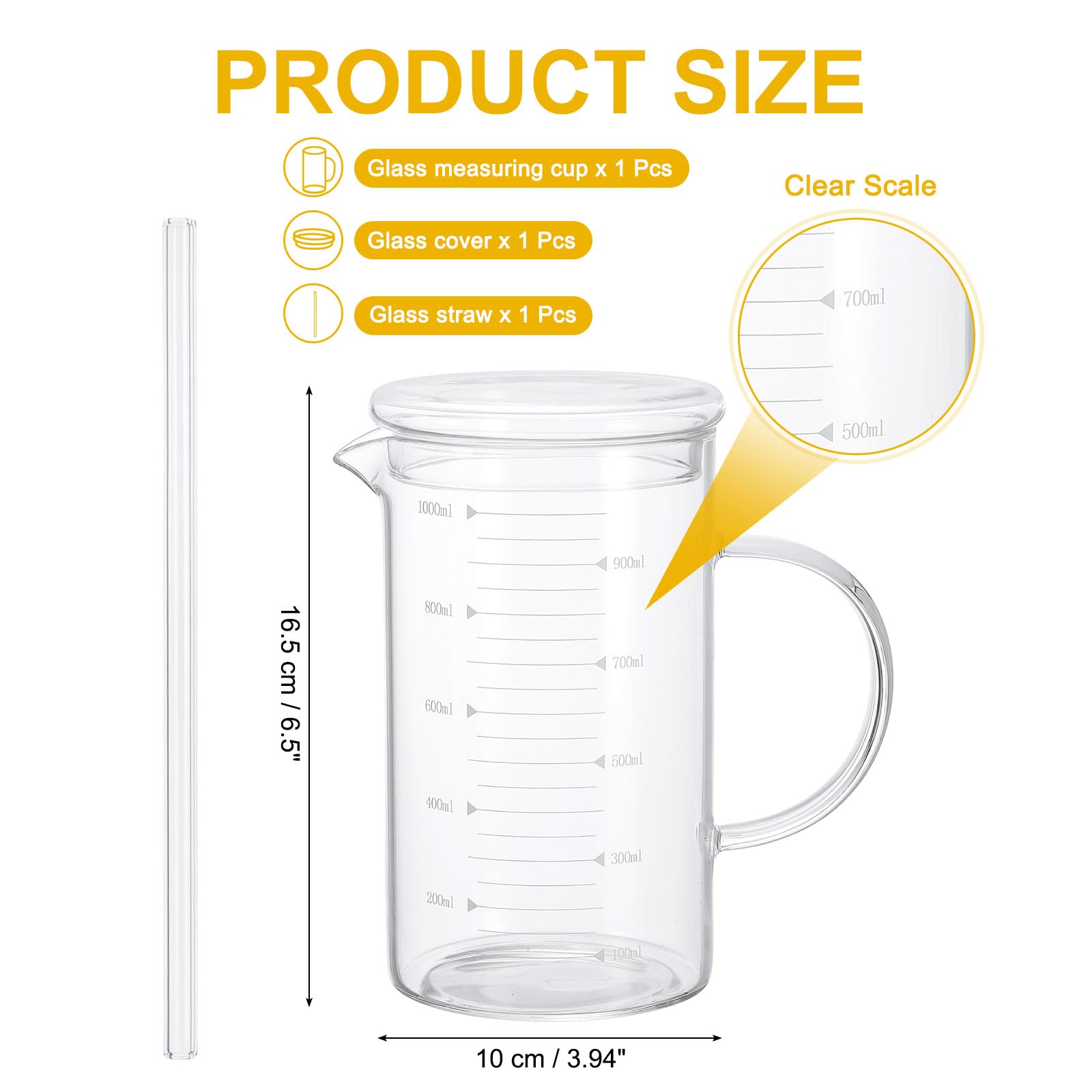 PATIKIL Bicchiere Graduato In Vetro Da 1000ml, Becher In Vetro Borosilicato Con Coperchio Cannuccia Beccuccio A V Per Cucina Bevande Ristorante, Misura Stampata Bianca