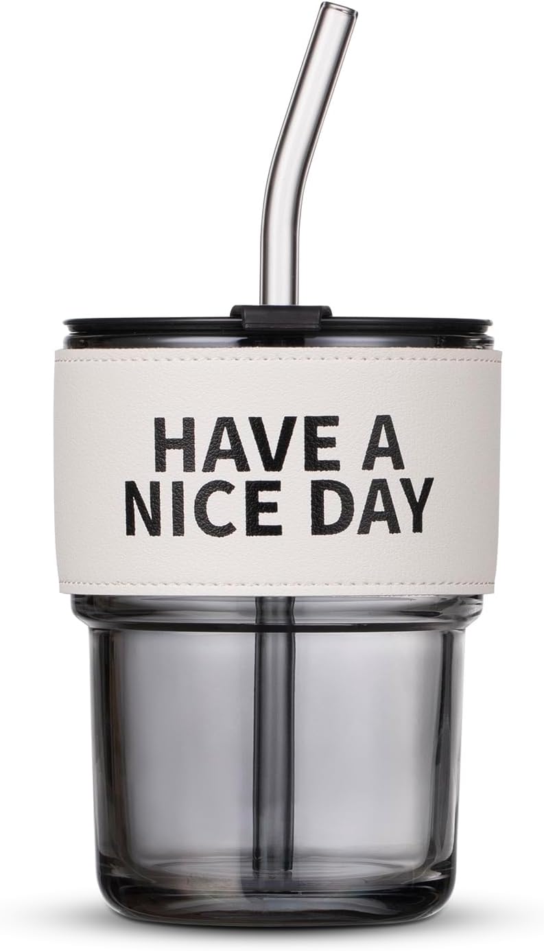 13oz/400ml Glass Water Tumbler with Straw and Lid Sealed Carry On Thick Wall Iced Coffee Cup Glass Cup for Water, Iced Tea Fruit Juice Etc (Aurora White-4Pack)