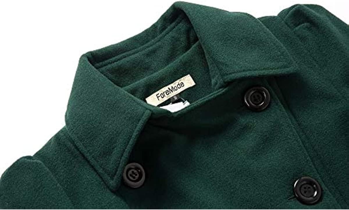 Close-up of a ForeMade Green Wool-Blend Coat's Collar and Buttons