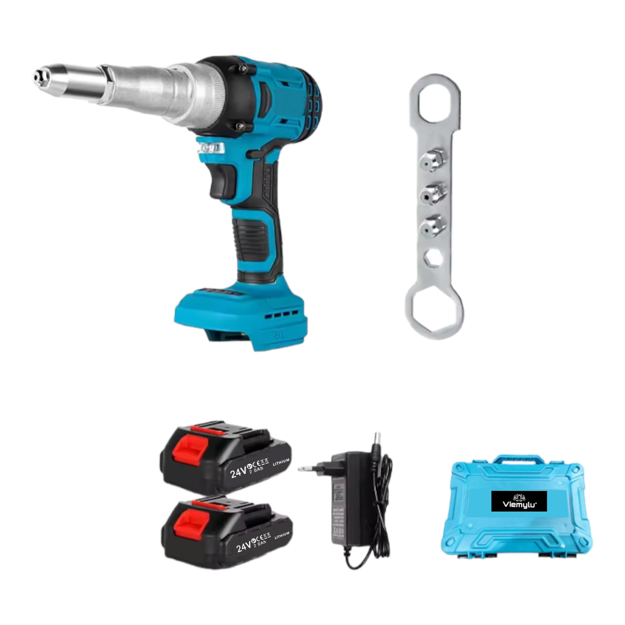 Rivettatrice a Batteria 24V Brushless – Rivettatrice Automatica per Rivetti Ciechi 3-5 mm, Forza di Trazione 10000N, Coppia 140 Nm, 2 Batterie Incluse