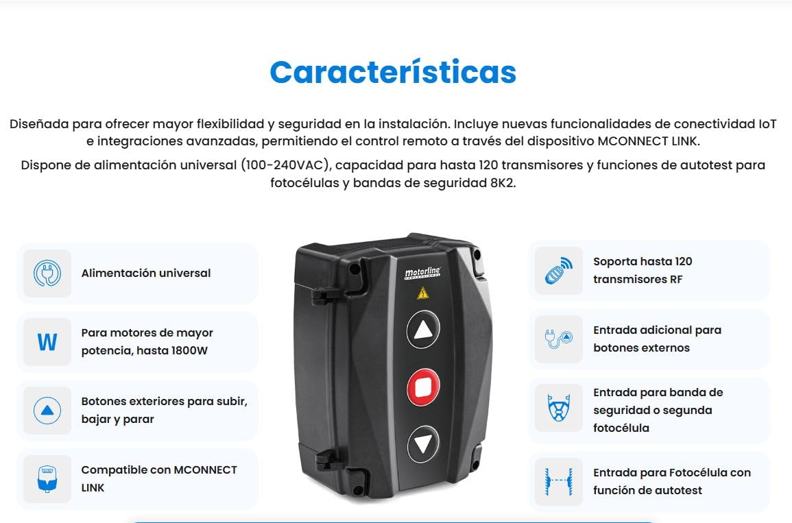 Motorline MC76 Central de control para motores enrollables, persianas enrollables, cierres enrollables con botones externos y compatible con WIFI