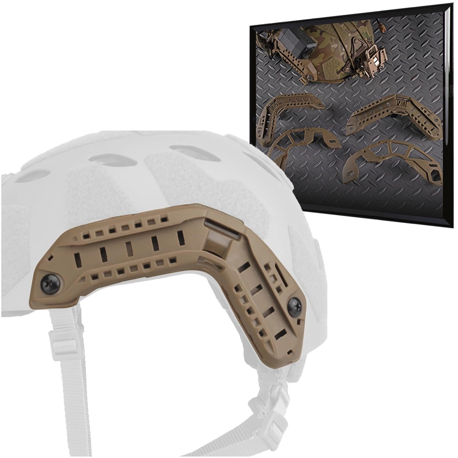 WLXW Tactical Fast Helmet Side Guide Rail ARC Helmet Rails Mount For CS Airsoft Hunting SF Highcut Mask Bracket(TAN)