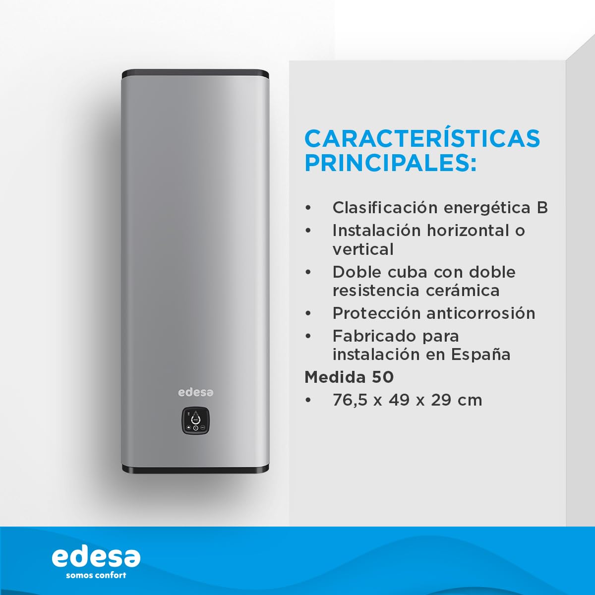 Edesa Flat 50 Wifi, termo eléctrico 50 litros, Calentador de agua horizontal o vertical, medidas 76,5 x 490 x 310cm, Fabricado para ser instalado en España