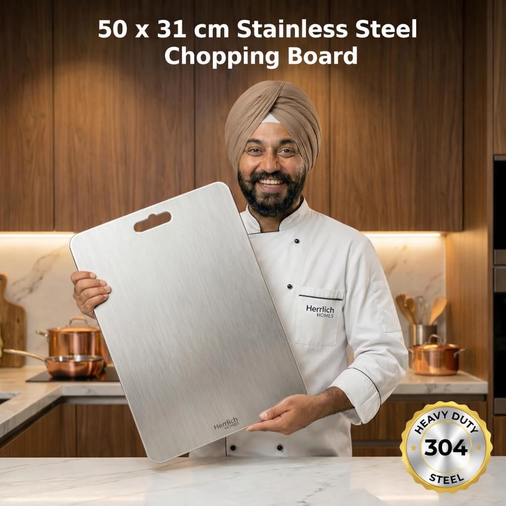 Herrlich Homes Rectangle 304 Stainless Steel Chopping Board | with 2 Steel Straw & Anti-Skid Silicon Pads | Non Slip | Round Edge | for Cutting Vegetables, Meat,Fish,Fruits | X-Large | 50 x 31 cm