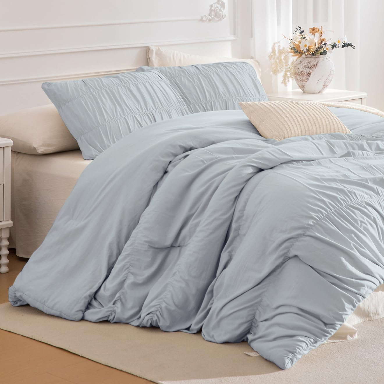 Lady Ann Oversized King Comforter Set Light Blue Ruched Bedding Comforter Sets128x120 for Bedroom, Ultra Soft Ruffle Fluffy Shabby and Chic Bed Sets for All Season, 3PCS Oversized King Plus(128"x120") Light Blue