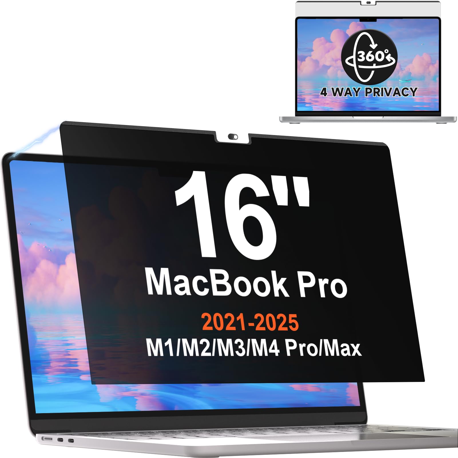Magnetic 360° Privacy Screen for MacBook Pro 16 Inch (2021-2026, M1, M2, M3, M4, M5, Pro, Max), Removable Anti Glare Blue Light Filter, 4 Way Anti Spy