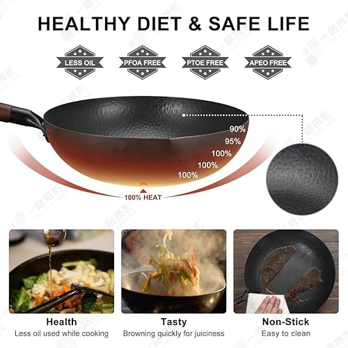 Miniatura 6 de Royal Tag Sartén wok de acero al carbono de 13 pulgadas con tapas (1 vidrio + 1 madera) y espátula, 8 piezas woks y sartenes para freír sin